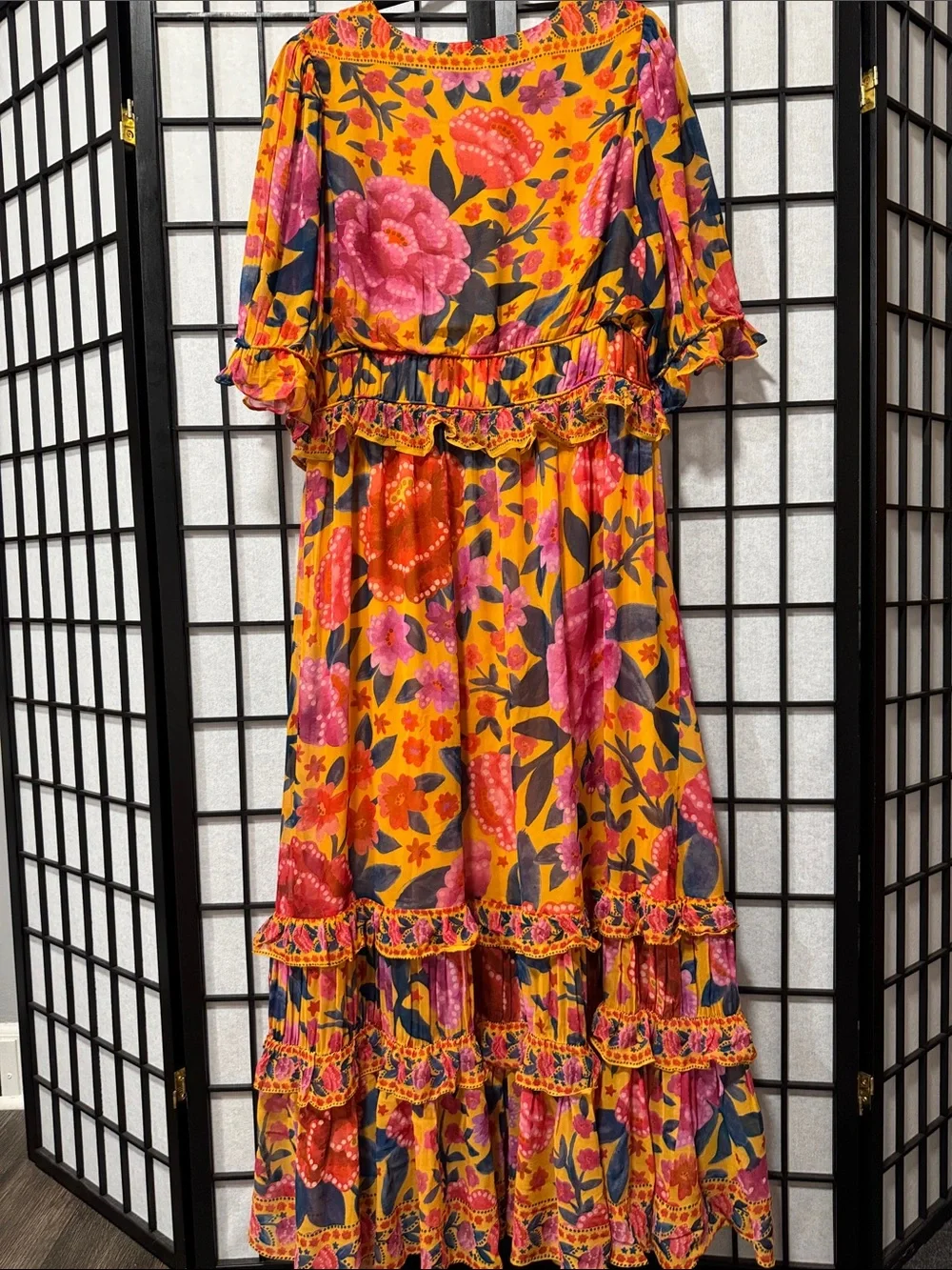 FARM Rio Ruffled Floral Print Georgette Maxi Dress Marigold XL NWOT - Picture 14 of 16